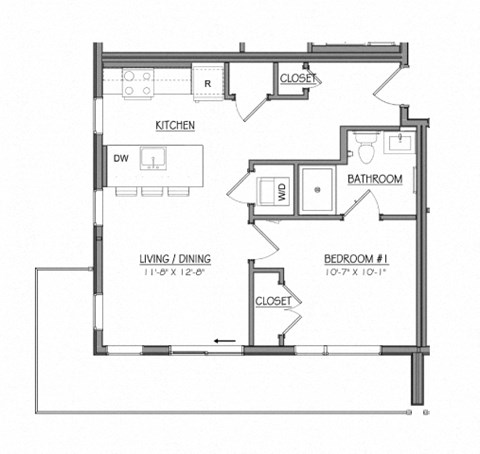 Floor plan for 1 bed, 1 bath, 561 sqft